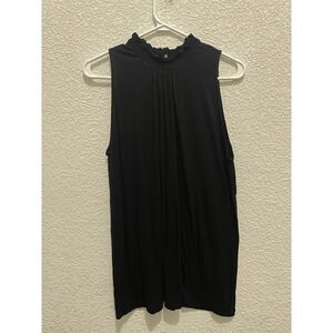Ann Taylor Factory Petite Black Sleeveless Ruffle Mock‎ Neck Blouse Top